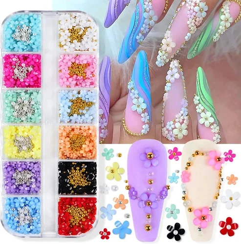 Decoraciones florales para uñas: diamantes de imitación acrílicos de 12 colores en varias flores, perlas y flores en 3D para mujeres y hombres