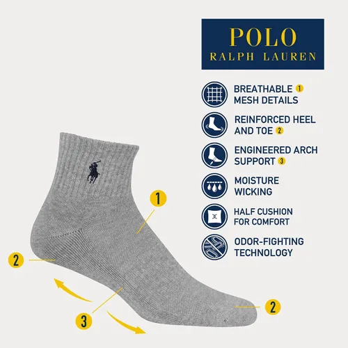 Miniatura 2 de POLO RALPH LAUREN mens Athletic Performance Cotton Ankle Socks - 6 Pair Pack - Moisture Wicking Mesh