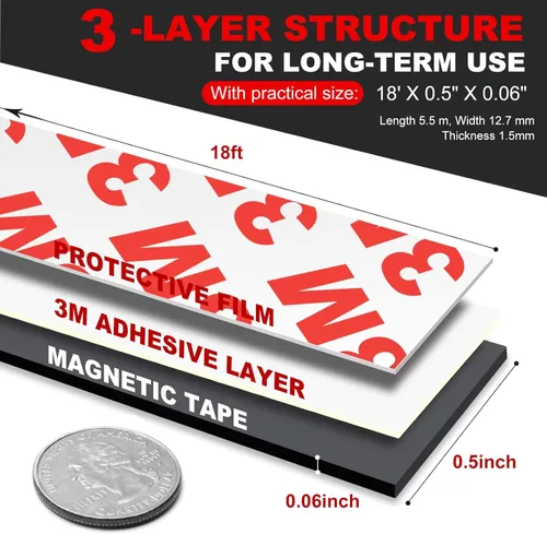 Miniatura 2 de Cinta magnética, rollo de tiras de cinta magnética flexible (1/2 pulgadas de ancho x 18 pies de largo) con fuerte respaldo adhesivo 3M, perfecto