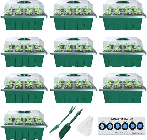 Seed Starter Tray, 10 Pack 12 Cell Seed Starter Kit with Humidity Dome, Reusable Plant Trays for Seedlings, Germination Kit with Humidity Strip for