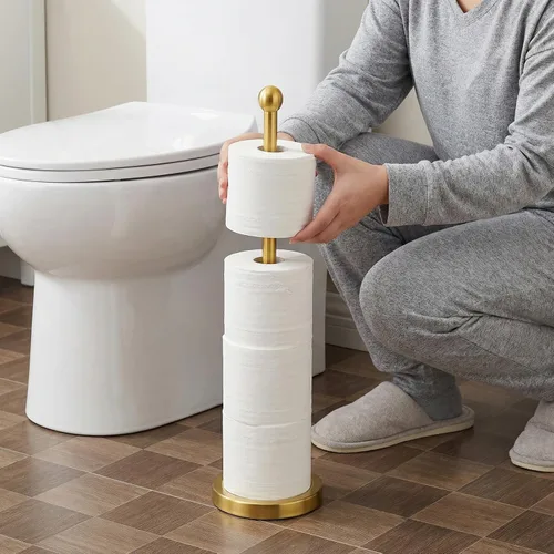Miniatura 6 de Songtec Soporte de Papel Higiénico Dorado con Reserva, Soporte de Rollo de Papel de Pie para 4 Rollos, Diseño Compacto Almacenamiento de Papel