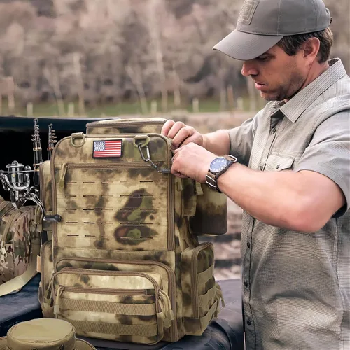 Miniatura 8 de Mochila de aparejos de pesca, mochila de pesca resistente al agua con soportes para cañas para 4 cajas (cajas no incluidas)