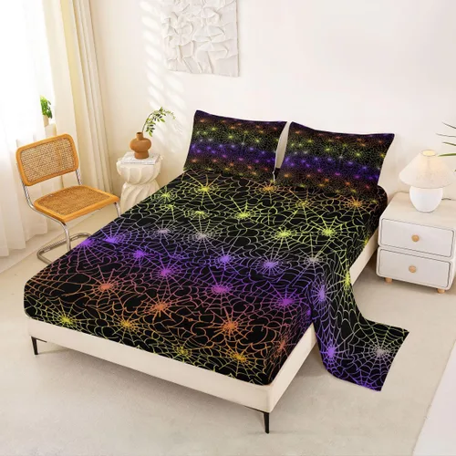 Miniatura 22 de Erosebridal Sábanas de Telaraña Juego de Sábanas Feliz Halloween Juego de Ropa de Cama de Líneas Rayas Geométricas Tamaño King Sábana Plana Amarillo