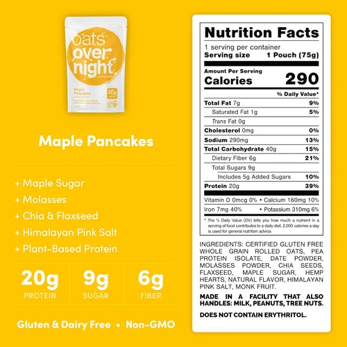 Miniatura 2 de Oats Overnight - Panqueques de arce - Vegano, 0.71 oz de proteína, batido de desayuno alto en fibra - Sin gluten, avena sin OMG (2.5 oz por comida)
