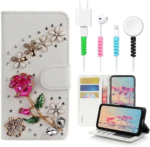 Miniatura 5 de Bling - Funda de piel tipo cartera compatible con iPod Touch 7ª generación (2019), diseño de flores y mariposas en 3D hechas a mano, con protector