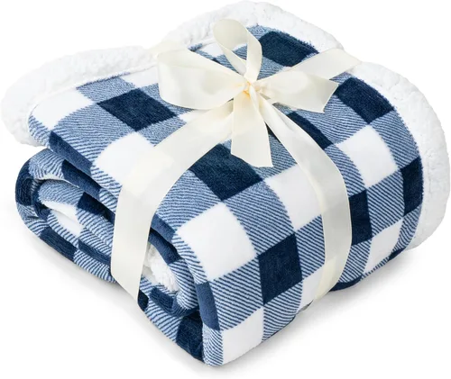 Miniatura 9 de PAVILIA Manta Sherpa de cuadros búfalo blancos y azul marino para sofá, tamaño individual, manta de franela suave y esponjosa para cama, manta