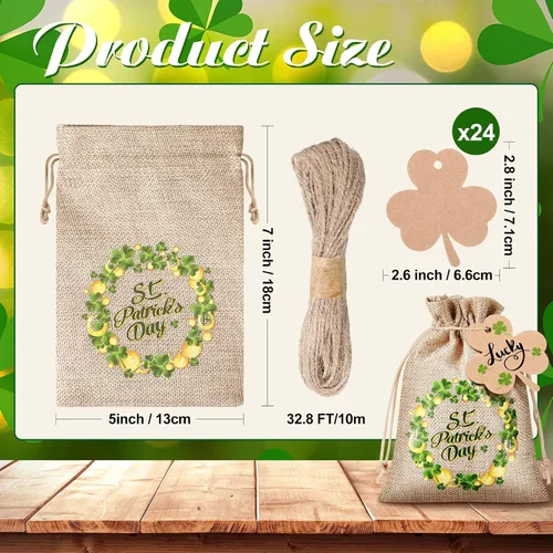 Miniatura 3 de Shappy Juego de 24 bolsas de regalo del día de San Patricio con cordón de arpillera de trébol verde para fiesta, bolsas de dulces, trébol irlandés