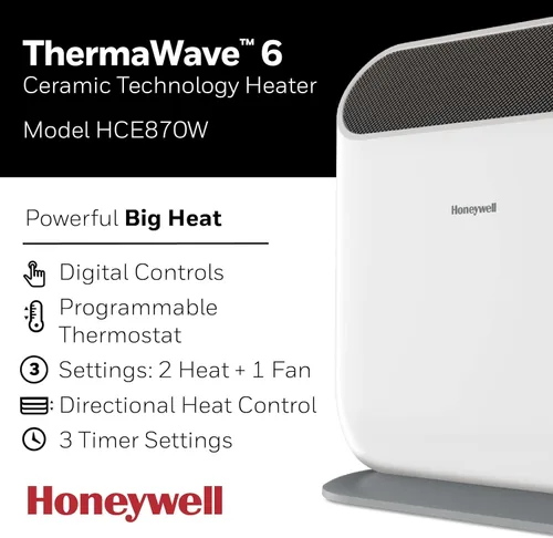 Miniatura 2 de Honeywell ThermaWave 6 Calentador de espacio con tecnología cerámica, color blanco, calentador de cerámica con termostato programable
