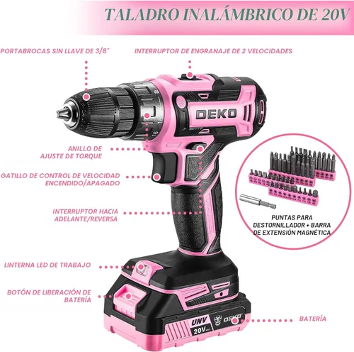 Miniatura 3 de Juego de herramientas de taladro eléctrico rosado: taladro eléctrico inalámbrico de 20 V, controlador, caja de herramientas con batería