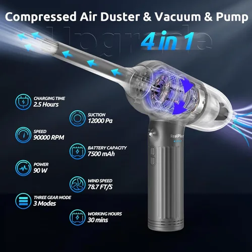 Miniatura 2 de RealPlus Plumero de aire comprimido 4 en 1, aspiradora y bomba, 12000Pa 7500mAh 3 velocidades recargable sin escobillas plumero eléctrico, soplador