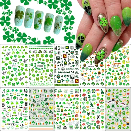 Miniatura 9 de 10 hojas de calcomanías de uñas de Navidad 3D con copo de nieve - Diseño de purpurina autoadhesiva blanca, decoraciones de invierno para Navidad