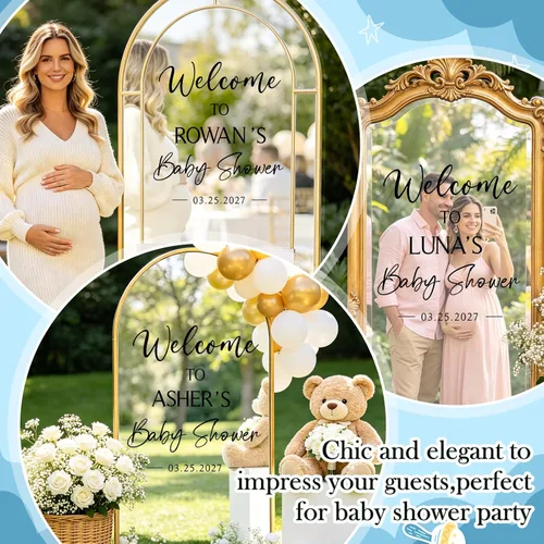 Miniatura 5 de JarThenaAMCS 7 calcomanías de espejo de baby shower, letrero de bienvenida, nombre de bricolaje, fecha, letras extraíbles, calcomanías de pared