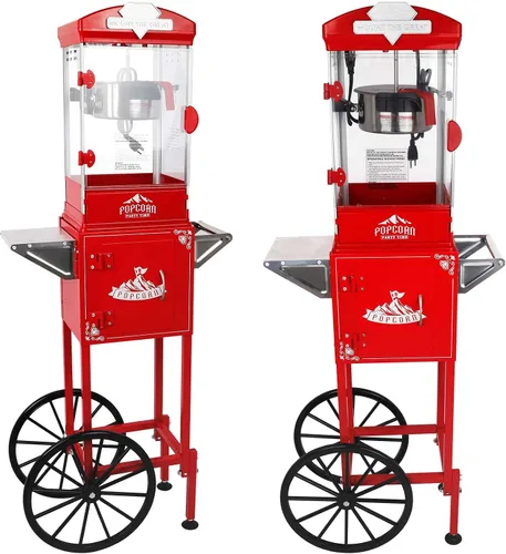 Miniatura 12 de Máquina de palomitas de maíz vintage con carrito, carrito de palomitas de maíz de 6 onzas, máquina para hacer palomitas de maíz con gabinete de Rojo