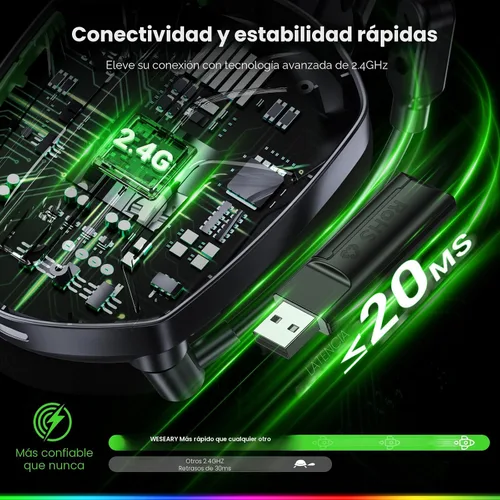 Miniatura 4 de WESEARY Auriculares inalámbricos para juegos para PS5, PS4, PC, Switch y Mac, latencia ultra baja de 20 ms, USB de 2.4 GHz y Bluetooth 5.4