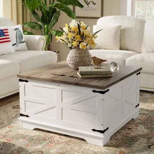 senlin Mesa de Centro Estilo Granja, Mesa de Centro Resistente con Almacenamiento, Juego de Mesa Central Cuadrada de Madera para Sala de Estar con