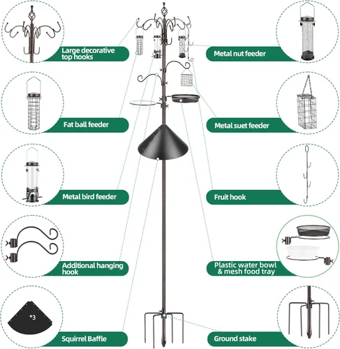 Miniatura 7 de Kit de estación de alimentación para pájaros con polea anti-ardilla, poste para comedero con jaula para sebo, bandeja de malla, gancho para frutas