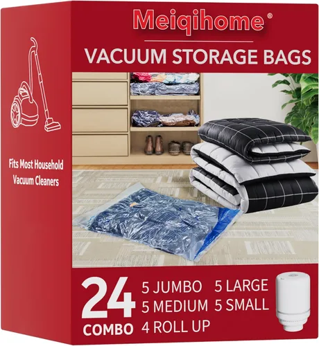 Miniatura 12 de Paquete de 36 bolsas de almacenamiento al vacío con bomba eléctrica, bolsas de sellado al vacío para ropa, almohadas, cobijas, ropa de cama