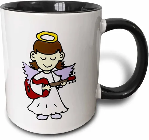 All Smiles Art Christmas – Adorable Chica Angel Playing a Guitarra roja – Tazas, Negro/Blanco