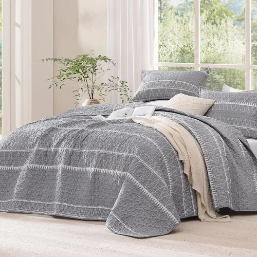Andency Juego de edredón gris individual (68 x 86 pulgadas), 2 piezas (1 edredón estampado de triángulos a rayas y 1 funda de almohada), juego de