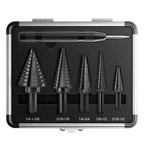 FACIACC Juego de 6 brocas escalonadas para metal con punzón central automático, revestimiento de titanio, acero de alta velocidad, cuchillas de