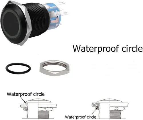 Miniatura 3 de Interruptor de botón de enclavamiento de 0.748 pulgadas, interruptor SPDT de encendido/apagado, impermeable, de metal negro, anillo LED de 12V