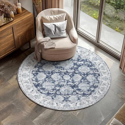 Miniatura 81 de Jinchan Fiora - Alfombra redonda de 8 pies, alfombras vintage con diseño floral envejecido, lavable a máquina, antideslizante, de pelo bajo, Azul