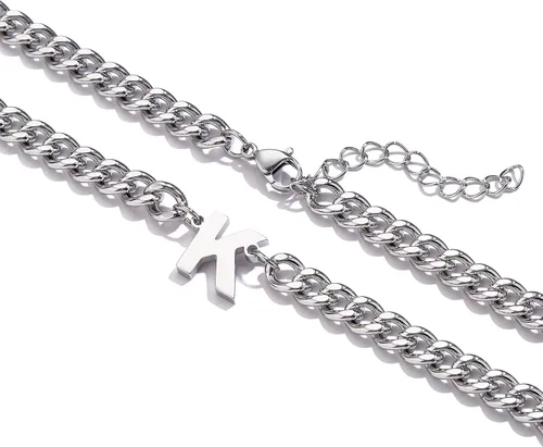 Miniatura 2 de DuoDiner Collar de cadena de eslabones cubanos con inicial A-Z para niños, hombres y mujeres, colgante de letra, acero inoxidable, 0.256in, 18+2