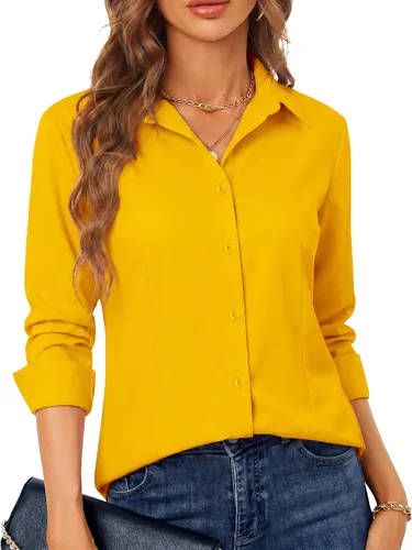 Miniatura 5 de BBIBBI Camisa de vestir elástica de manga larga con botones para mujer, blusa de trabajo casual de negocios (clásica, recortada y alta)