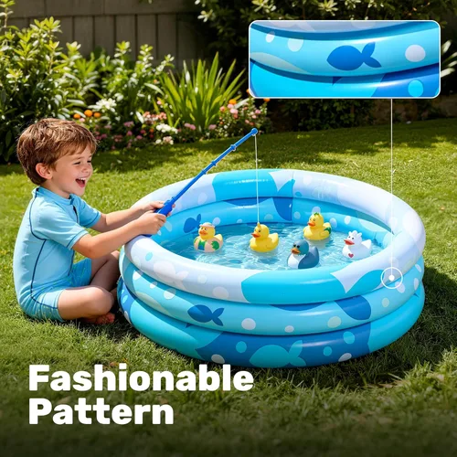 Miniatura 5 de Sloosh Piscina inflable para niños, piscina inflable de 34 x 10 pulgadas, 3 anillos azules para bebés, hoyo de juego para perros