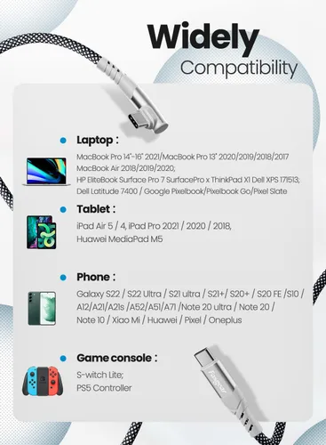 Miniatura 6 de Fasgear Cable USB C a USB C de 100 W – Paquete de 3 cables USB 2.0 tipo C a tipo C PD de 3 pies y 6 pies y 10 pies de carga rápida de ángulo recto
