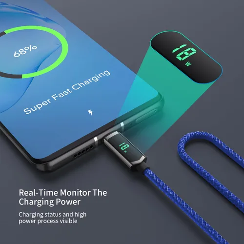 Miniatura 3 de SOOPII Cable USB C a USB C de 100 W, cable trenzado tipo C de nailon de 1 pie con pantalla LED para iPhone 15/15 Pro/15 Plus/15 Pro Max, MacBook