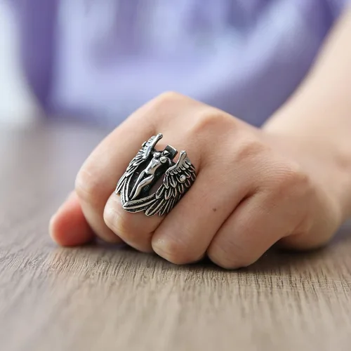 Miniatura 3 de HZMAN Anillo de acero inoxidable con alas de ángel de plumas de diosa de arcángel vintage