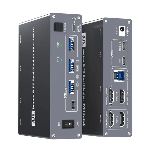 Conmutador KVM de acoplamiento USB tipo C 4K para computadora portátil y de escritorio, 2 monitores 2 computadoras USB-C y HDMI dual 4K a 60Hz,
