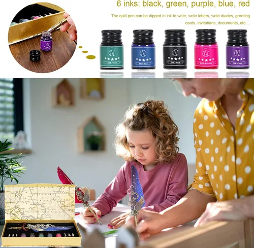 Miniatura 5 de NC Juego de tinta de plumas, incluye 5 botellas de tinta y 6 puntas reemplazables, bolígrafo mecánico para escribir, letras, diario, firma, Azul