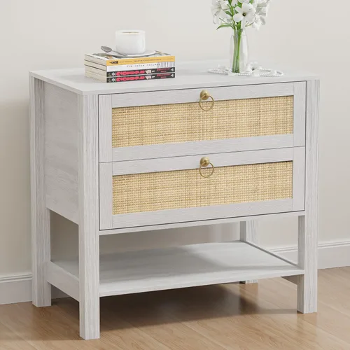 Miniatura 18 de Mesita de noche con 2 cajones de almacenamiento, mesa auxiliar moderna para dormitorio con asa recortada, mesitas de noche grandes para dormitorio