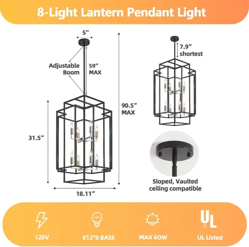 Miniatura 4 de Candelabro de techo alto para vestíbulo: 8 luces de granja para entrada, lámparas colgantes grandes industriales para entrada, escalera, pasillo