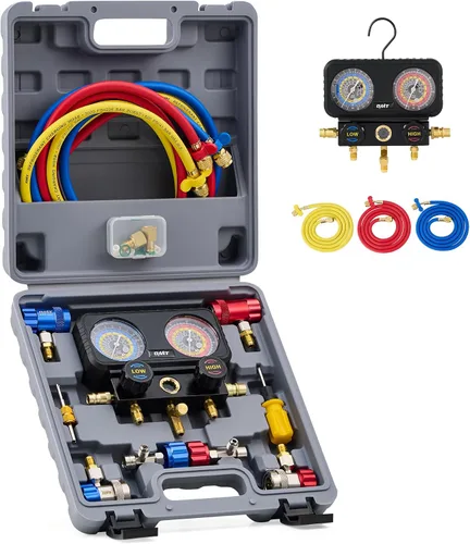 Orion Motor Tech - Medidores de AC, juego de manómetro de 3 vías para refrigerante R1234yf R404a R134a, juego de medidores automotriz con mangueras,