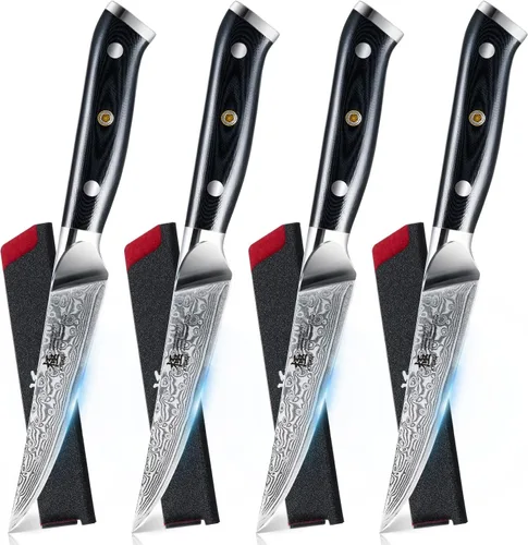 Juego de 4 cuchillos para carne de la serie Gin de KYOKU, cuchillos para carne de 4.5", juego de cuchillos de cocina de acero inoxidable damasco