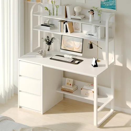 Miniatura 8 de MaverickFurni Escritorio para computadora de 60 pulgadas con estantes y hutch, escritorio de oficina en casa con 3 cajones de almacenamiento