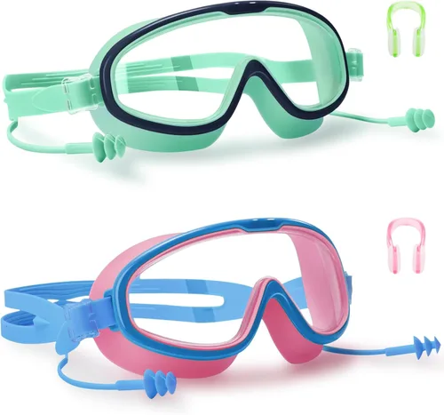 Paquete de 2 gafas de natación para niños de 3 a 15 años de edad, marco grande HD, antivaho, gafas de natación para niños pequeños