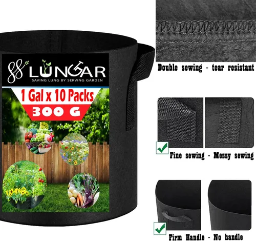 Miniatura 4 de Bolsas de cultivo LUNGAR 10 galones. Juego de 5 macetas para plantar, tela de aireación más gruesa de 300G, no tejida, asas reforzadas para maceta