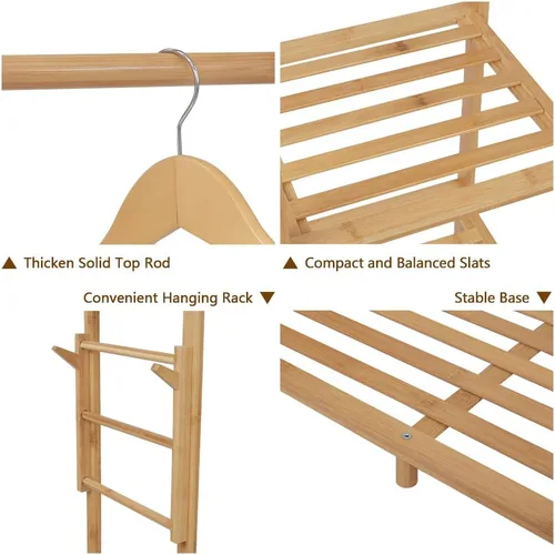 Miniatura 7 de Ufine Perchero de bambú para ropa de 6 niveles, estante colgante de ropa con ganchos laterales, estante de ropa resistente, organizador portátil