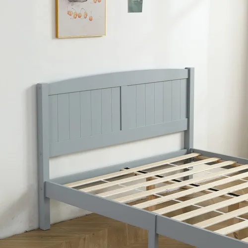 Miniatura 5 de Karl home Base de cama de madera tamaño matrimonial con cabecero, plataforma para dormitorio con estribo, soporte de 12 listones de madera, no Gris