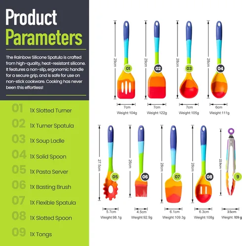 Miniatura 2 de Juego de espátulas de silicona arcoíris de 9 piezas con pinzas, utensilios de cocina multicolores resistentes al calor para utensilios de cocina