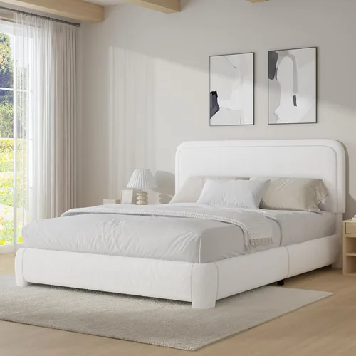 BarnFurin Marco de Cama Tamaño Completo, Marco de Cama Plataforma Tapizada Cloud Boucle con Cabecero, Estilo Moderno, Esquinas Redondeadas Suaves,