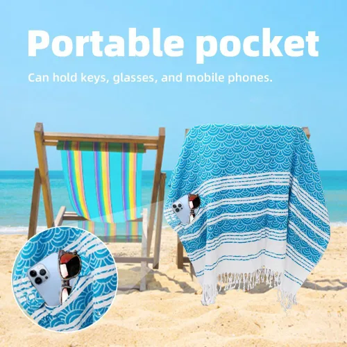 Miniatura 5 de Toalla de playa turca grande con bolsillo oculto con cremallera, toalla turca a prueba de arena, toalla de viaje ligera, regalo de playa 100%