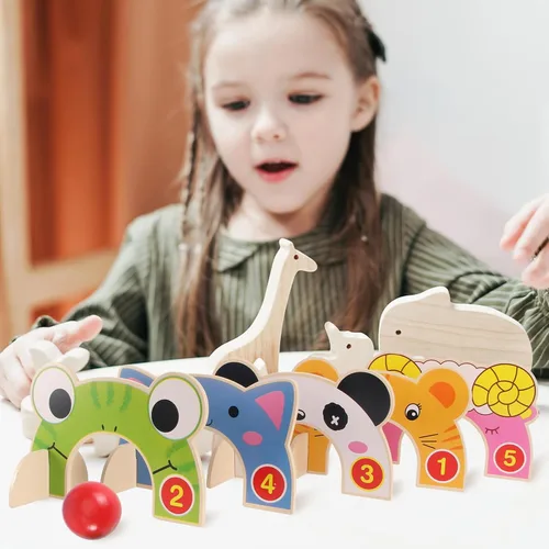Miniatura 2 de TOYANDONA Juego de croquet para niños, juego de croquet de animales de madera de dibujos animados con mazos de madera de croquet, juego familiar