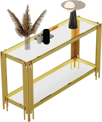 Miniatura 232 de Mesa de centro de cristal de lujo, mesa de centro de sofá de 47 pulgadas con marco de acero inoxidable dorado y parte superior de vidrio negro, mesa