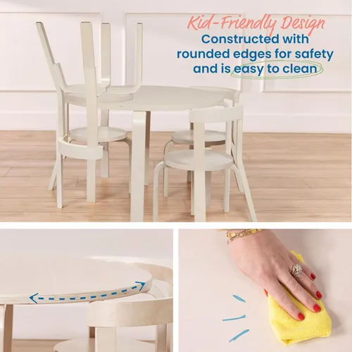 Miniatura 5 de ECR4Kids Juego de mesa de madera curvada y sillas con respaldo curvo, muebles para niños, blanco envejecido, 5 piezas Blanco Cal