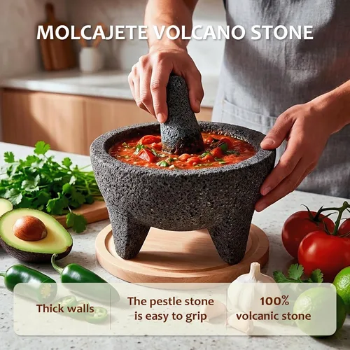 Miniatura 2 de Molcajete de 7 pulgadas mexicano, hecho a mano con piedra volcánica natural, utensilio de cocina artesanal para moler con poros para triturar